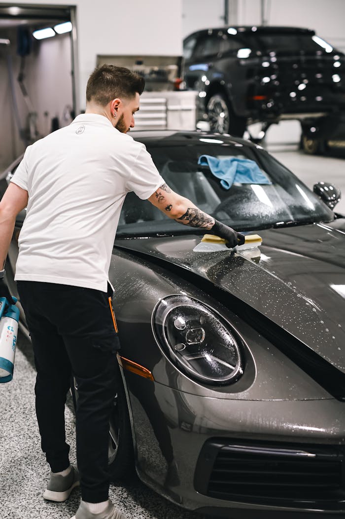 Man professionally detailing a black sports car hood in a modern garage.